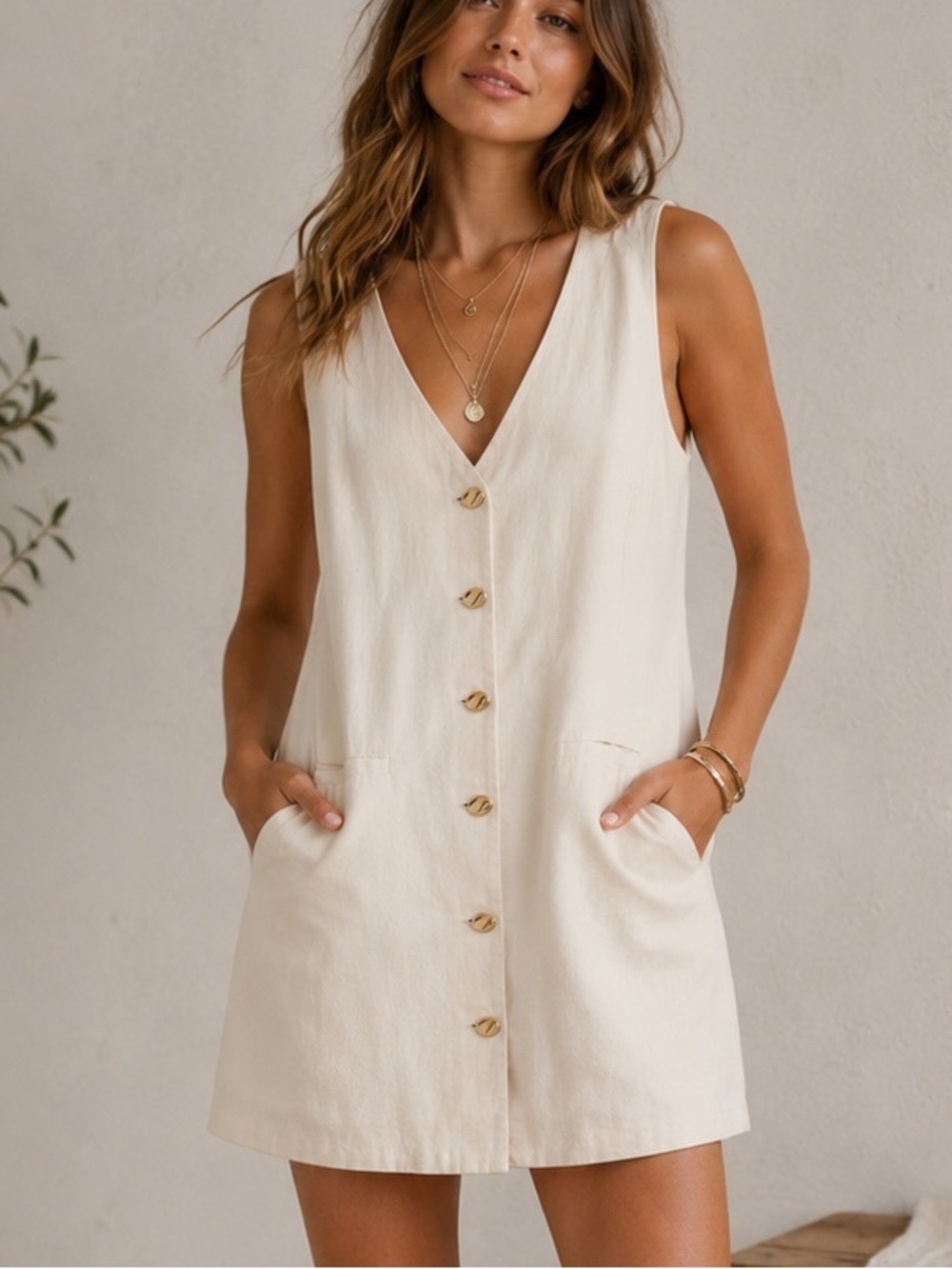 Rachel Zoe Linen Blend Ivory Gold Button Sleeveless Shift Dress Medium